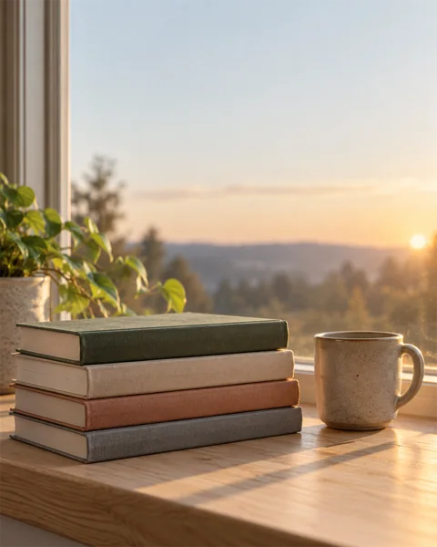 Livros empilhados na janela, com a luz do sol nascendo