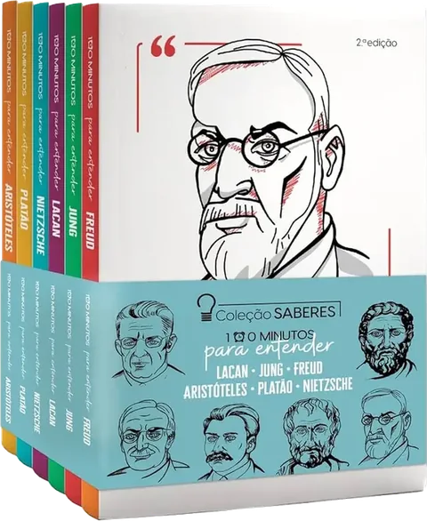 Os seis livros da Coleção Saberes lado a lado, com a cinta da coleção e o livro de Freud na frente
