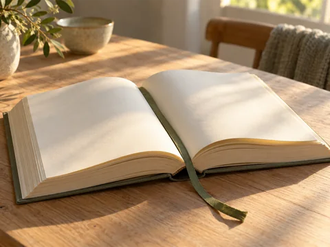 Livro aberto sobre a mesa, com a luz da manhã nas páginas