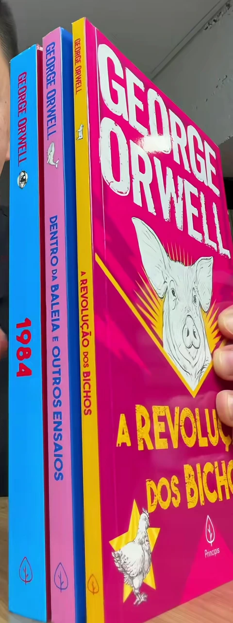 Os três livros de George Orwell com as lombadas à vista