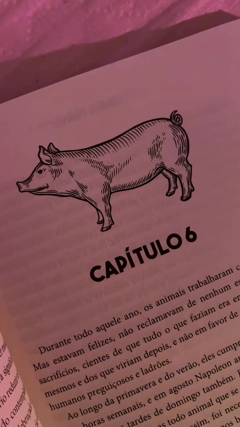 Página de A Revolução dos Bichos com a ilustração de um porco